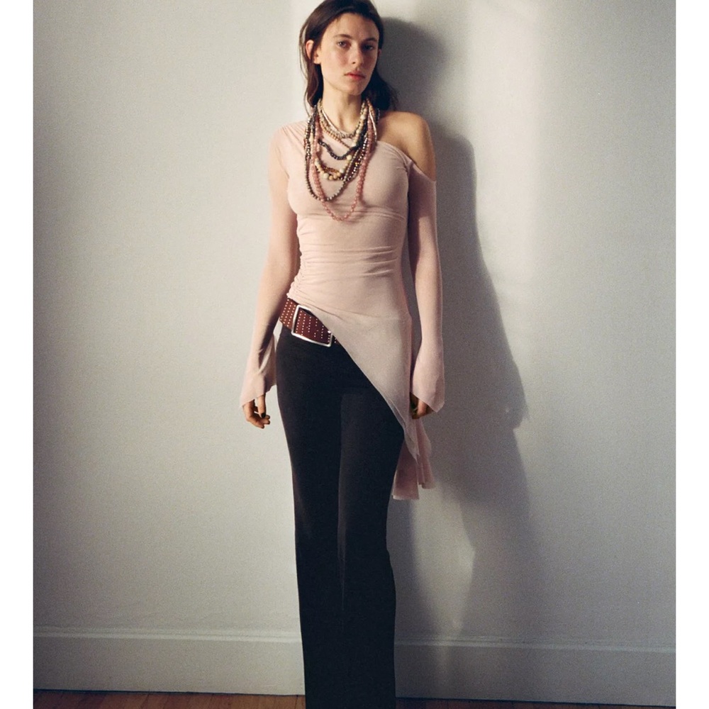 Zara Blush Pink Asymmetric One-Shoulder Draped Top